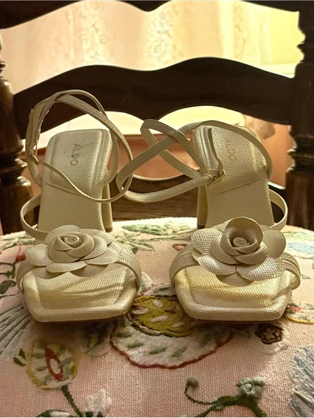 ALDO Cream Floral Strappy Block Heel Sandals